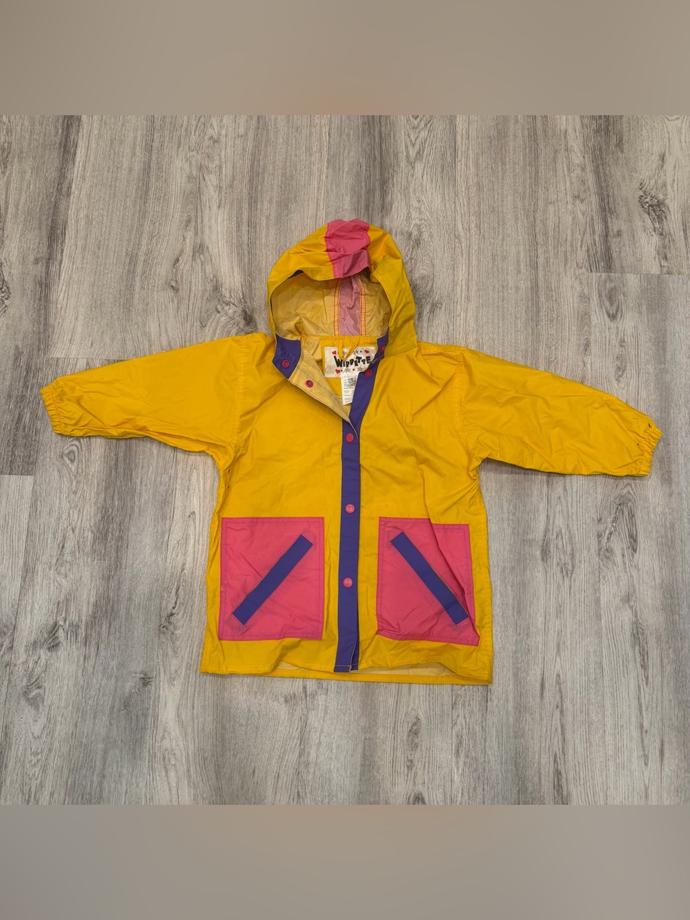 Wippette Kids Size 4 Colorblock Hooded Rain Jacket Yellow Pink Purple
